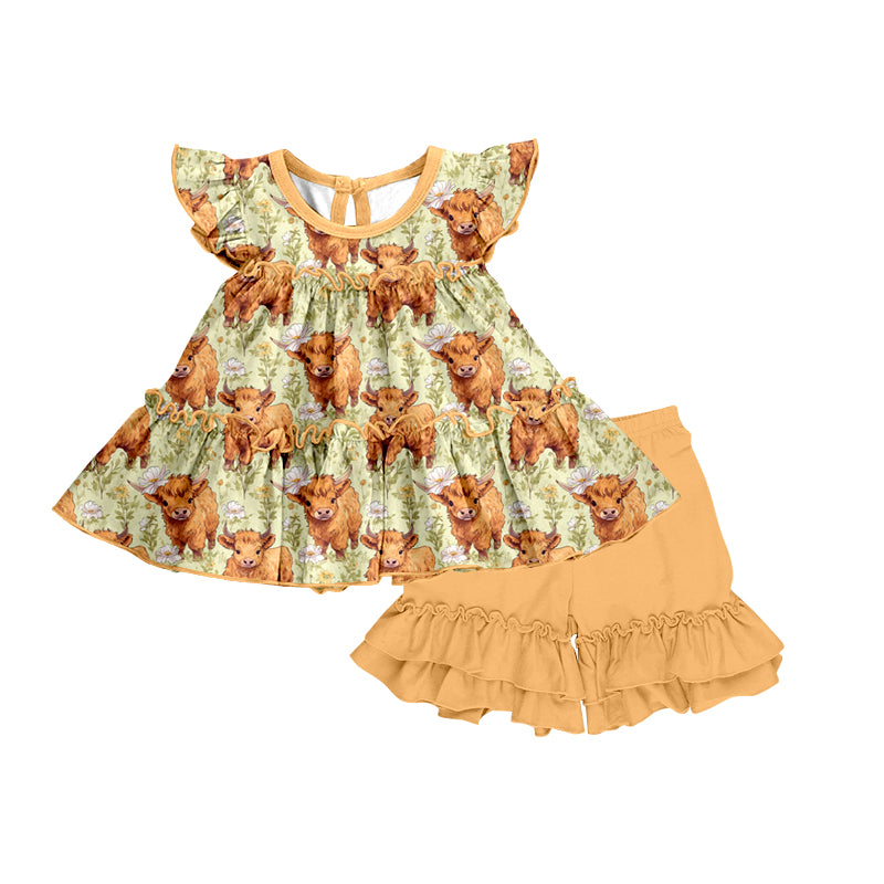 Baby Girls Western Highland Cow Tunic Ruffle Shorts Clothing Sets Preorder(moq 5)