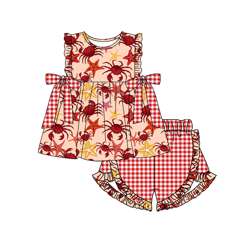 Preorder (moq 5)Baby Girls Summer Crabs Bows Tunic Top Ruffle Shorts Clothes Sets