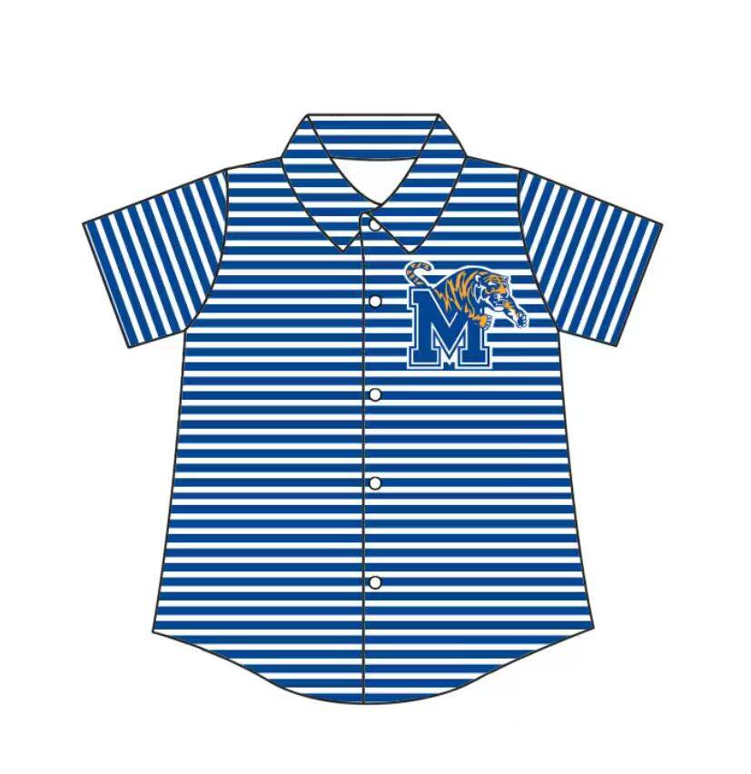 Preorder (moq 5)Baby Boys Blue Stripe M Tigers Team Button Shirt Top