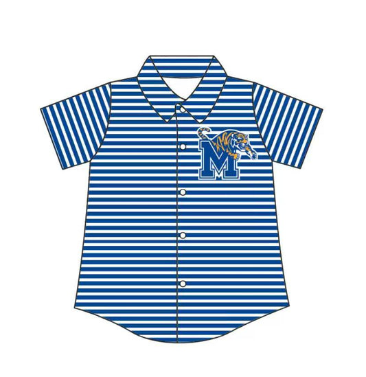 Preorder (moq 5)Baby Boys Blue Stripe M Tigers Team Button Shirt Top