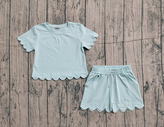 Baby Girls Short Sleeve Light Blue Shirts Top Scallop Shorts Clothes Sets Preorder
