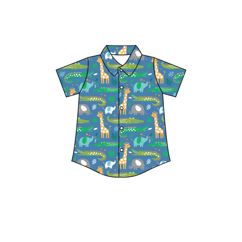 Preorder(moq 5) Baby Boys Green Giraffee Buttons Short Sleeve Tee Shirts Tops