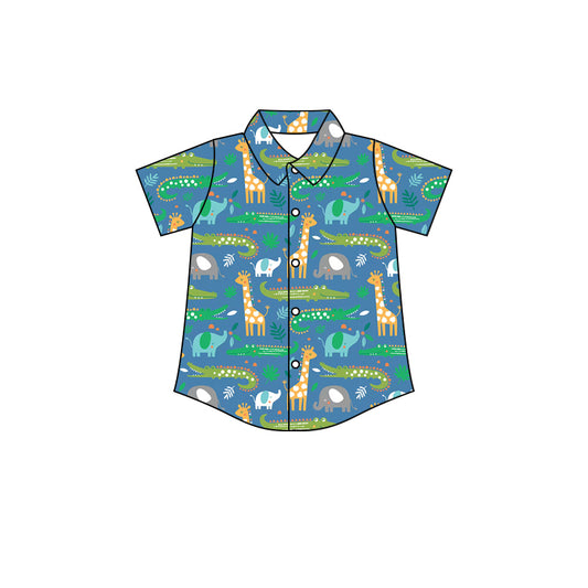 Preorder(moq 5) Baby Boys Green Giraffee Buttons Short Sleeve Tee Shirts Tops