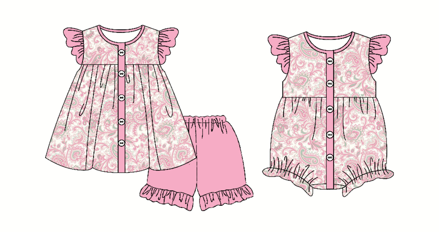 Preorder moq 5 Custom Baby Girls Pink Flutter Sleeves Button Floral Tunic Ruffle Short Set Rompers