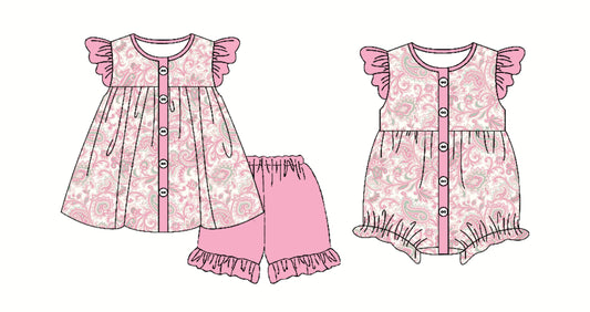 Preorder moq 5 Custom Baby Girls Pink Flutter Sleeves Button Floral Tunic Ruffle Short Set Rompers