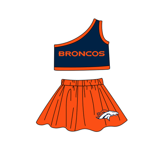 Baby Girls One Shoulder Broncos Cheer Team Top Skirt Clothes Sets preorder(MOQ 5)