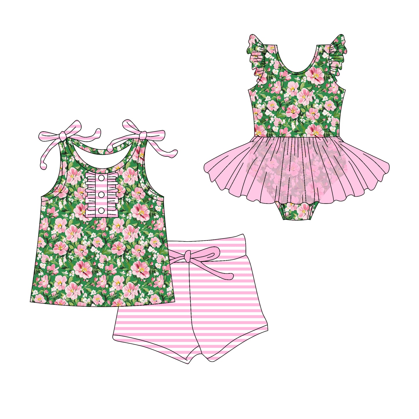 Preorder moq 5 Custom Baby Girls Strap Floral Button Top Stripe Short Set Skort Bummise Romper