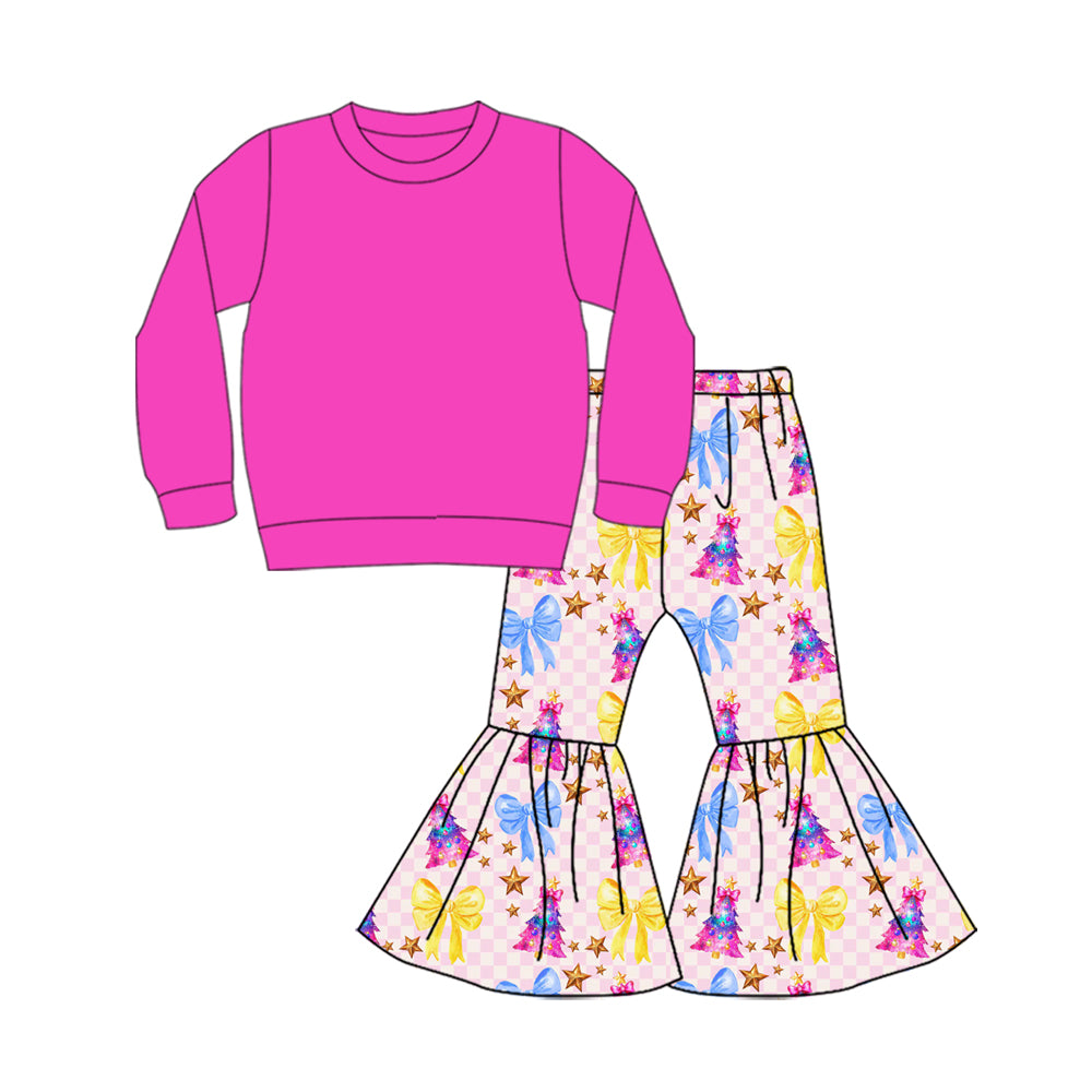 Preorder (moq 5)Baby Girls Hot Pink Color Shirt Top Trees Bows Bell Bottom Pants Christmas Clothes Sets