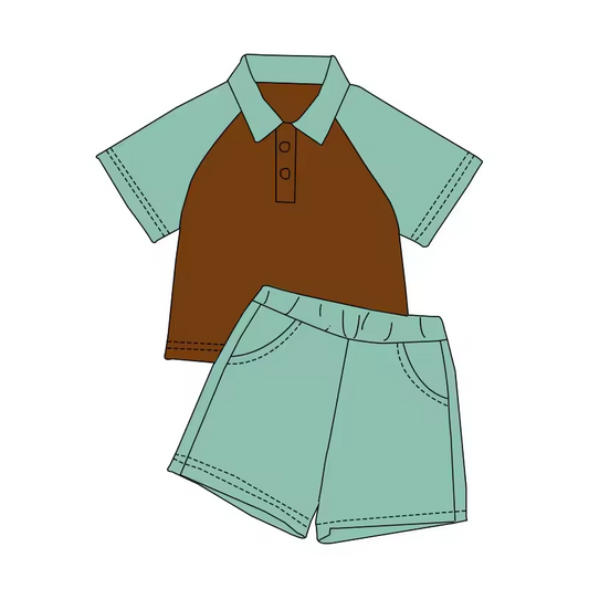 Baby Boys Brown Green Buttons Top Shorts Clothes Sets preorder (moq 5)