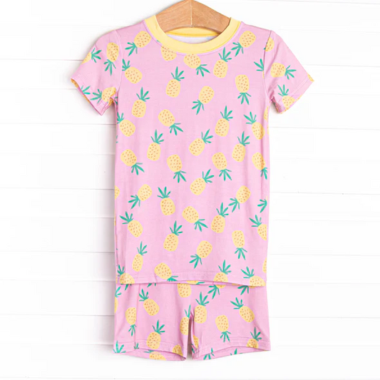 Preorder moq 5 Baby Girls Pink Short Sleeves Pineapple Top Short Pajamas Set