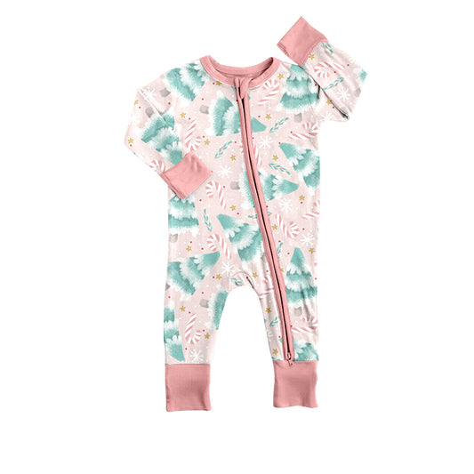 Baby Infant Girls Christmas Pink Tree Long Sleeve Zip Rompers preorder(moq 5)