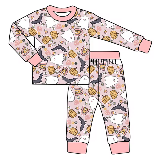 Baby Girls Bamboo Halloween Ghost Pink Shirt Pants Pajamas Clothes Sets Preorder(moq 5)