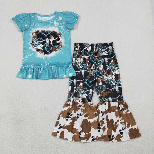 Baby Girls Bull Skulls Turquoises Top Bell Bottom Pants Western Clothes Sets