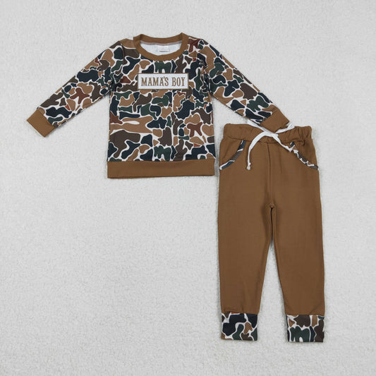 Embroidery Mama's Boy Baby Boys Dark Brown Camo Pockets Jogger Clothes Sets