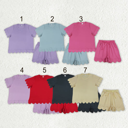 Sibling Adult Women Short Sleeve Shirts Top Pockets Short Scallop Clothes Set