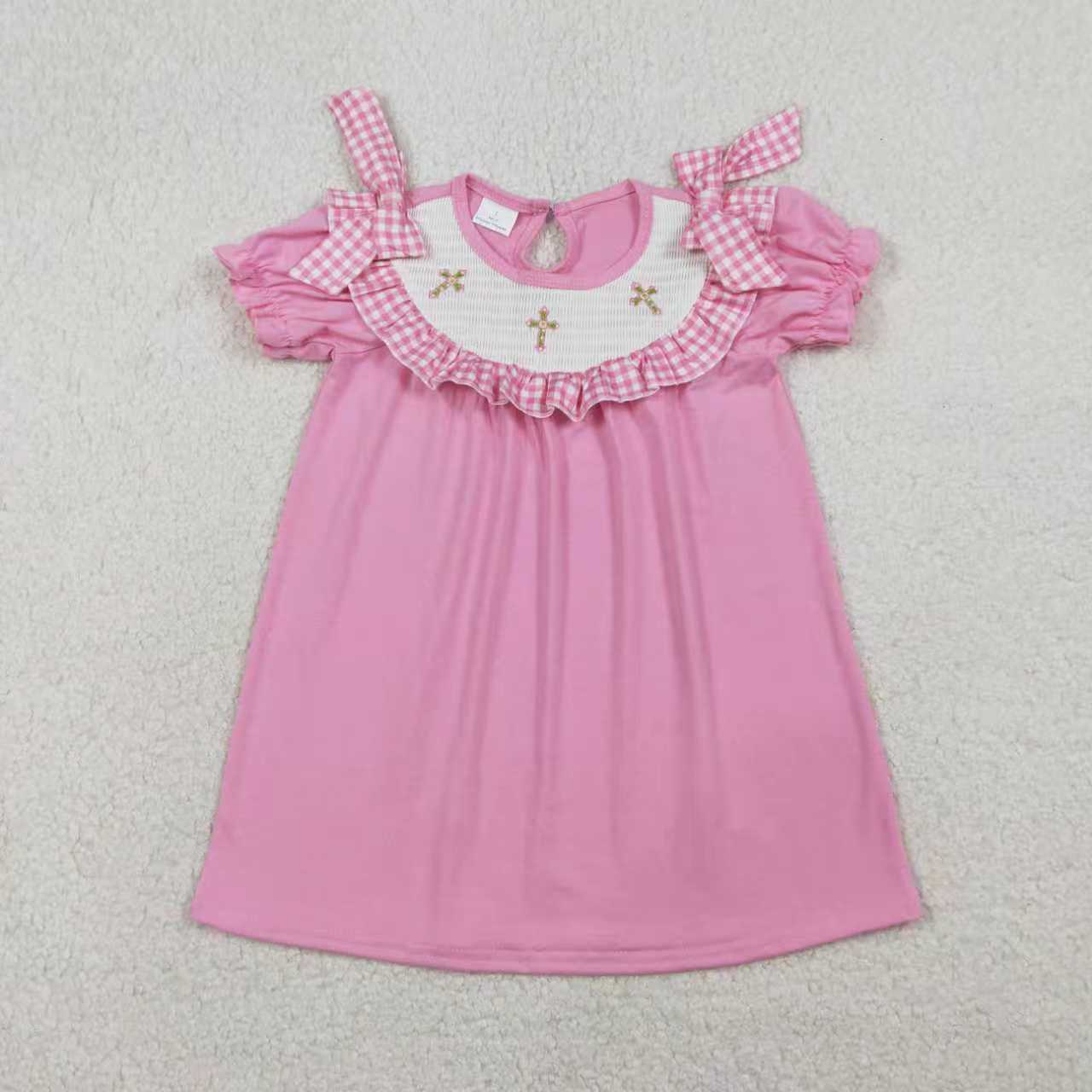 Sibling Smocked Crosses Baby Girls Pink Short Sleeve Easter Knee Length Dress Ruffle Rompers