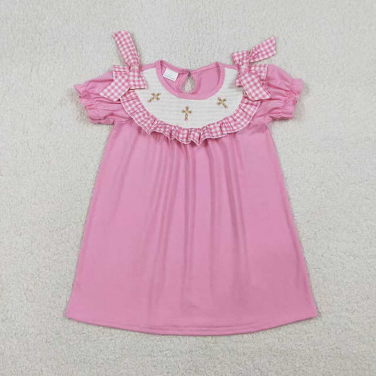 Sibling Smocked Crosses Baby Girls Pink Short Sleeve Easter Knee Length Dress Ruffle Rompers