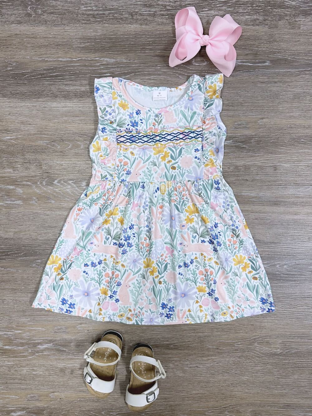 Baby Girls Green Flower Easter Rabbit Short Sleeve Knee Length Dresses