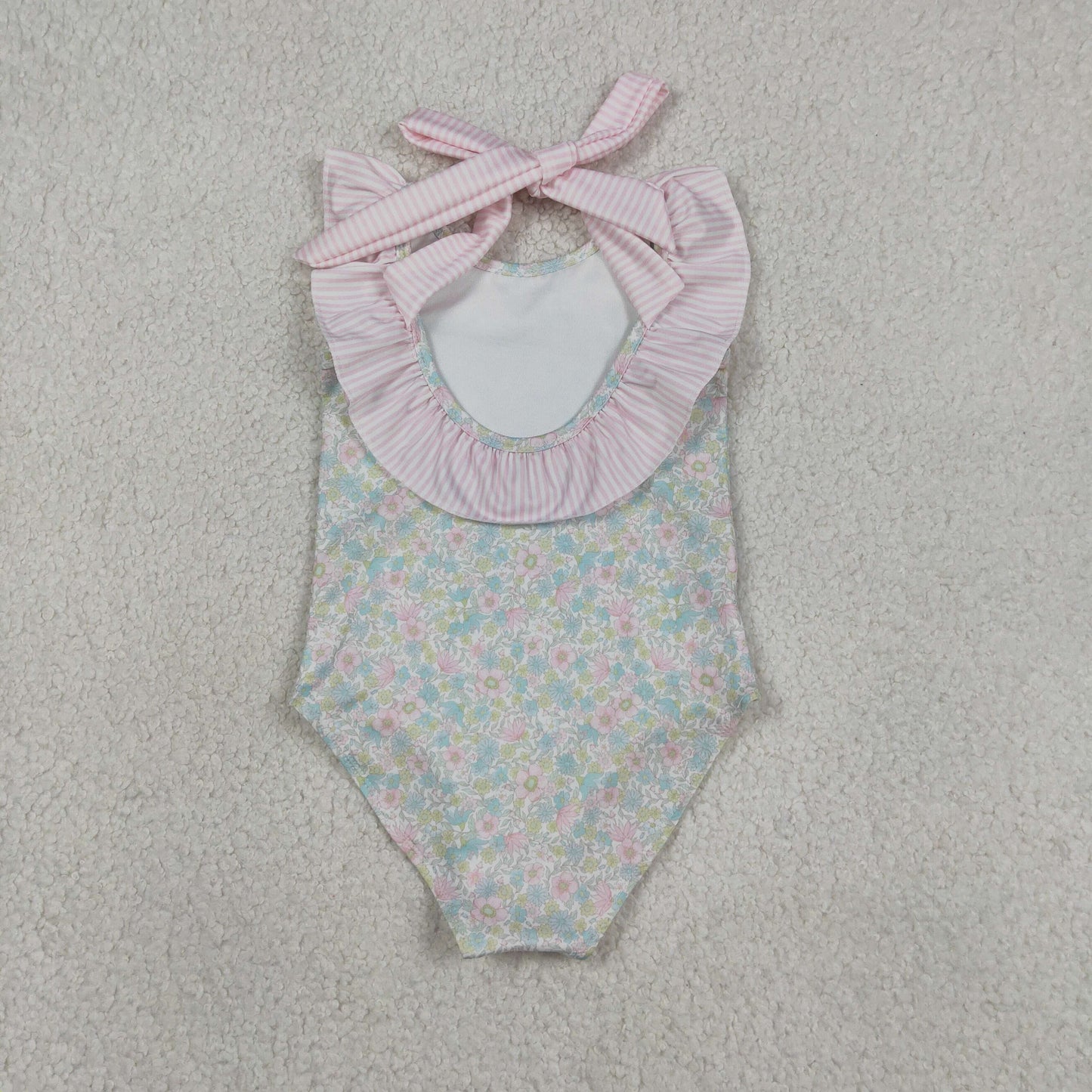 Baby Girls Stripe Bow Flutter Sleeve Colorful Flowers Swimming Swimsuits