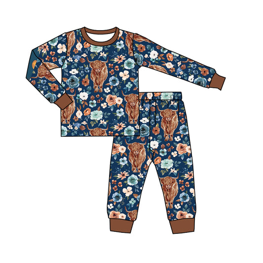 Baby Girls Western Highland Cow Flowers Top Pants Pajamas Clothes Sets Preorder(moq 5)