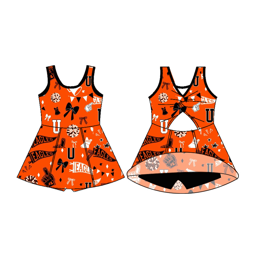 Preorder (moq 5)Baby Girls Sleeveless Orange u Eagles Football Team Shorts Team Dresses