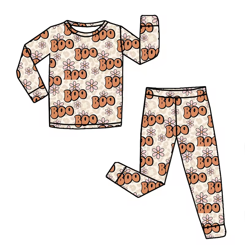 Baby Girls Bamboo Flowers Boo Shirt Pants Pajamas Clothes Sets Preorder(moq 5)