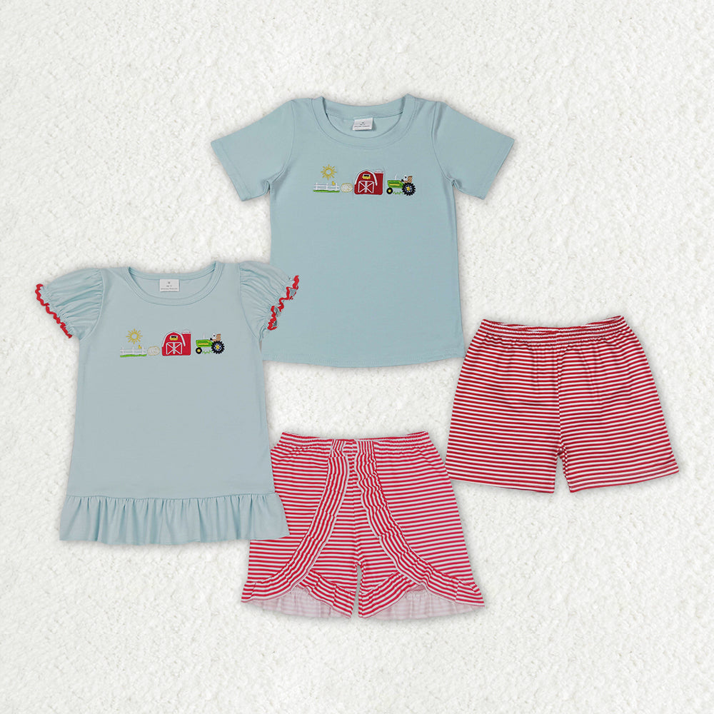 Sibling Boys Baby Girls Farm House Shirt Tops Shorts Clothes Sets