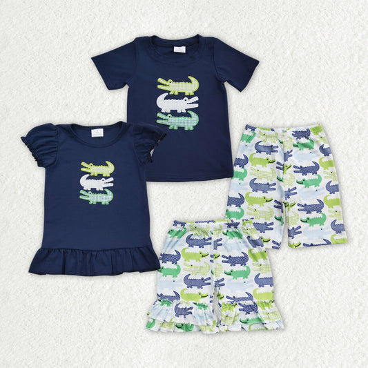 Sibling Boys Baby Girls Summer Crocodile Embroidery Shorts Sets