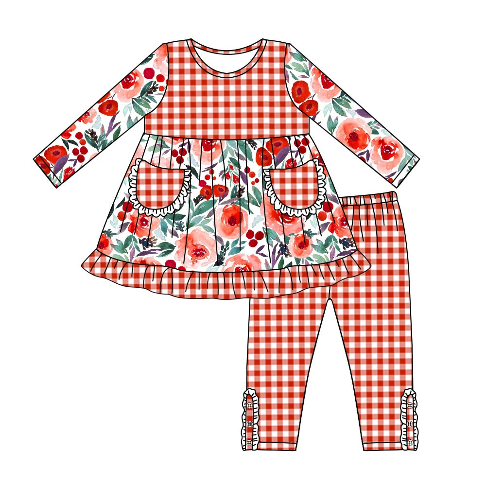 Baby Girls Red Checkered Flowers Pockets Tunic Pants Outfits Sets Preorder(moq 5)