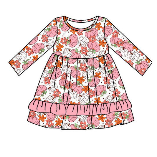 Baby Girls Pink Pumpkins Flowers Knee Length Dresses Preorder(moq 5)