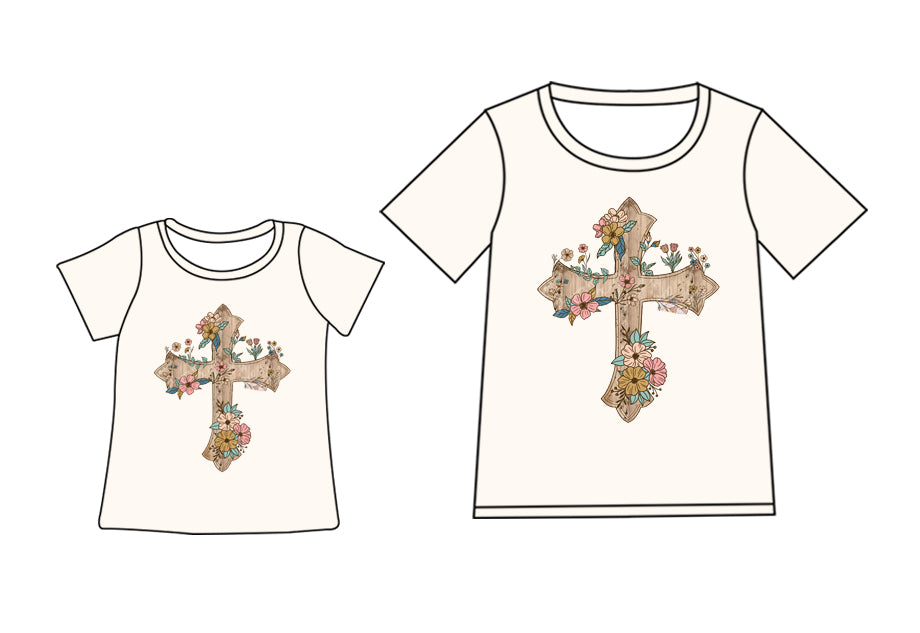 Preorder (moq 5 each) Mommy and Me Women Baby Girls Easter Cross Short Sleeve Tee Shirts