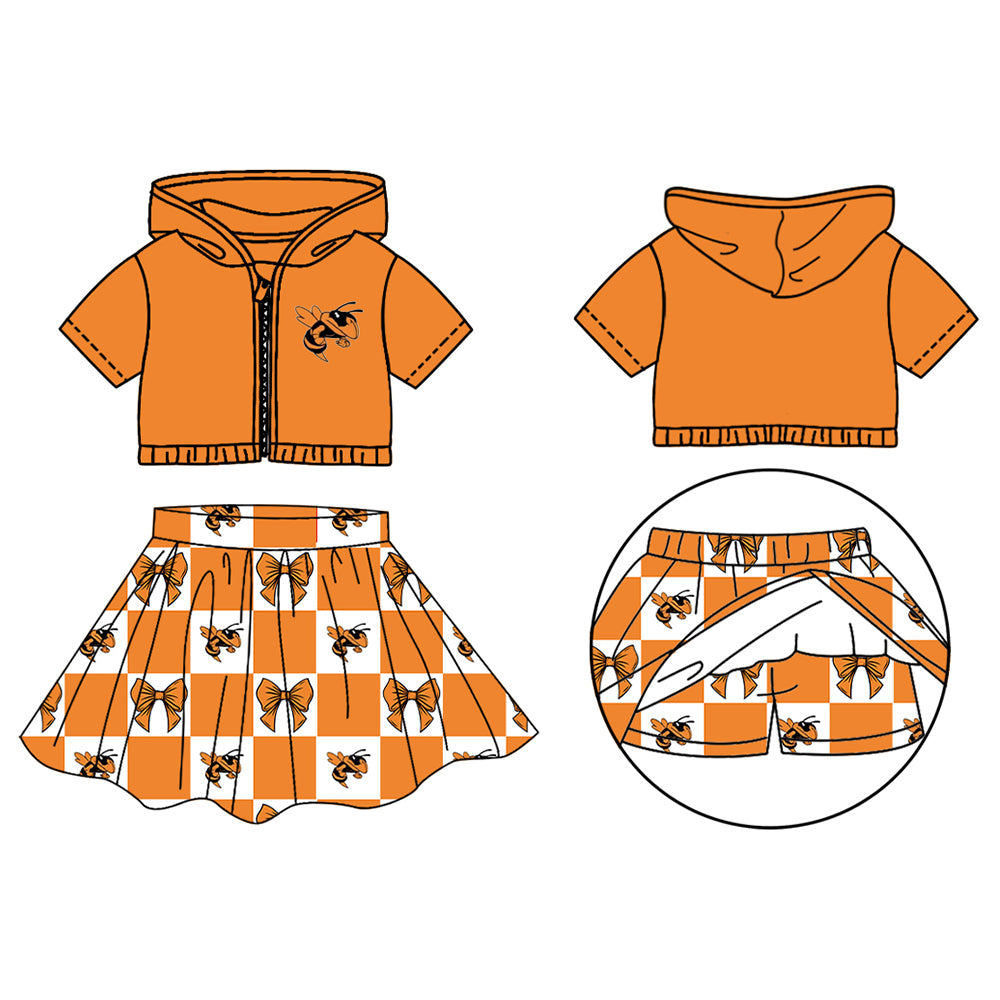 Preorder (moq 5)Baby Girls Orange Bows Hornets Zip Hoodie Jackets Skirt Short Team Clothes Sets