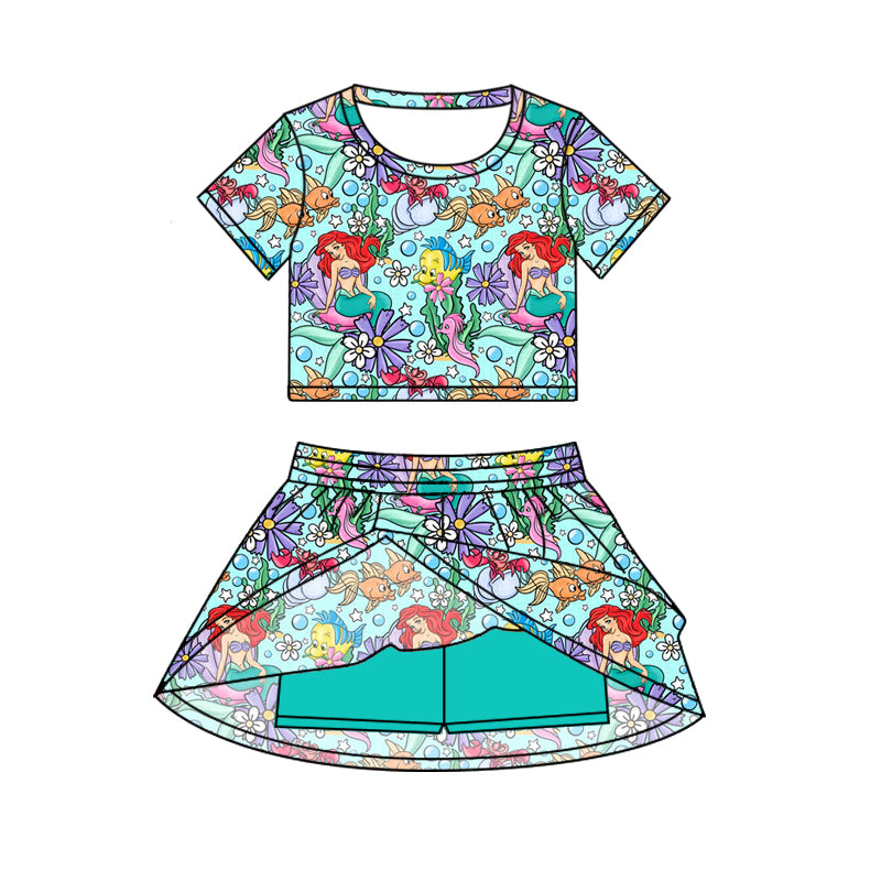 Preorder (moq 5)Baby Girls Mermaid Cartoon Top Skirt Skort Sets