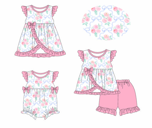 Preorder moq 5 Custom Baby Girls Pink Floral Bows Plaid Tunic Ruffle Short Set Knee Length Dress And Rompers