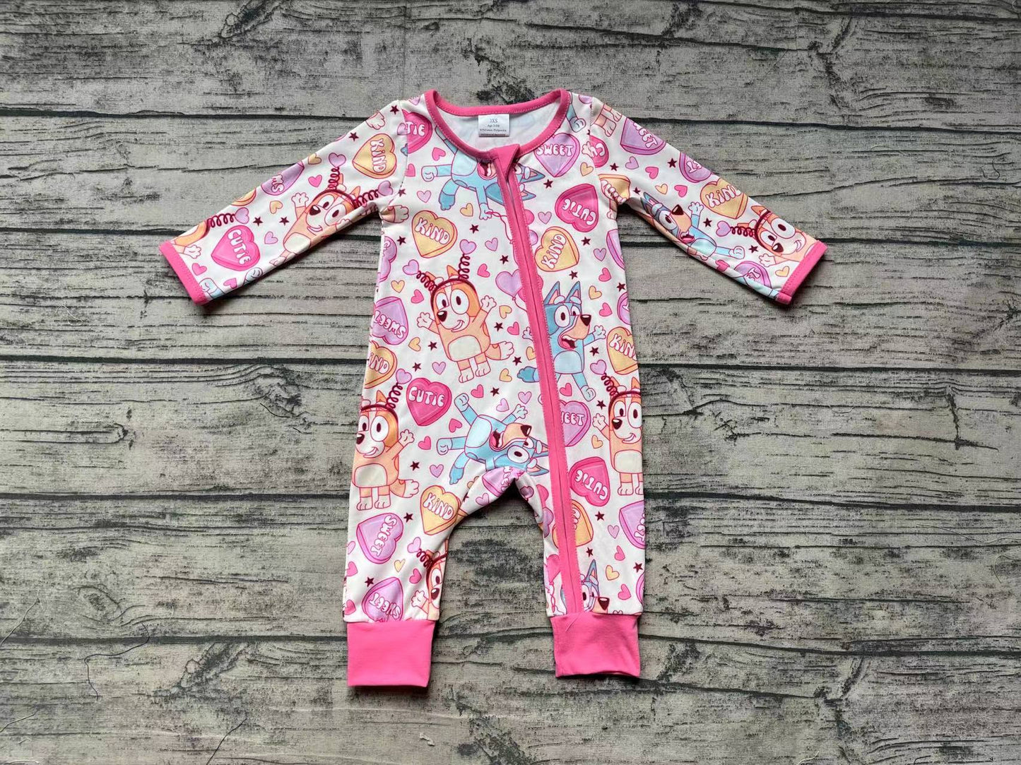 Baby Infant Girls Valentines Dogs Long Sleeve Zip Rompers