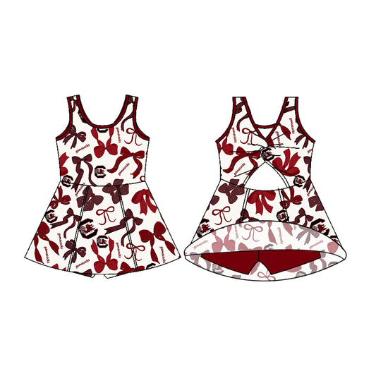 Preorder (moq 5)Baby Girls Sleeveless Gamecock Bows Shorts Team Knee Length Dresses