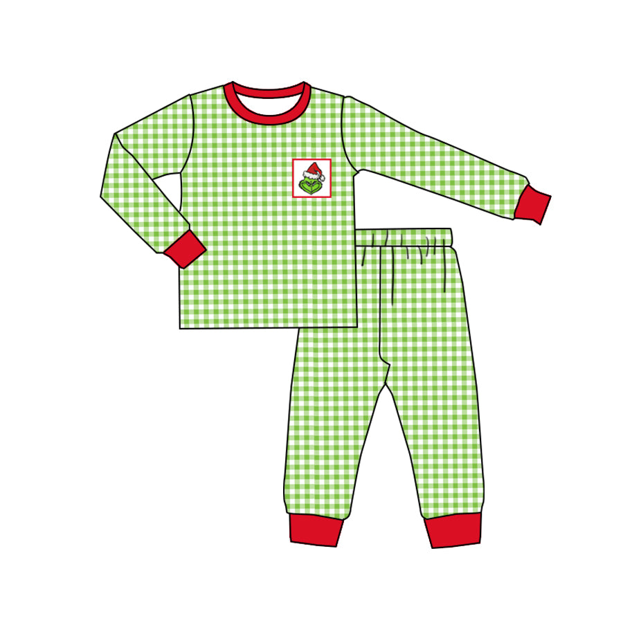 Baby Boys Christmas Green Checkered Frog Top Legging Clothes Sets Preorder(moq 5)