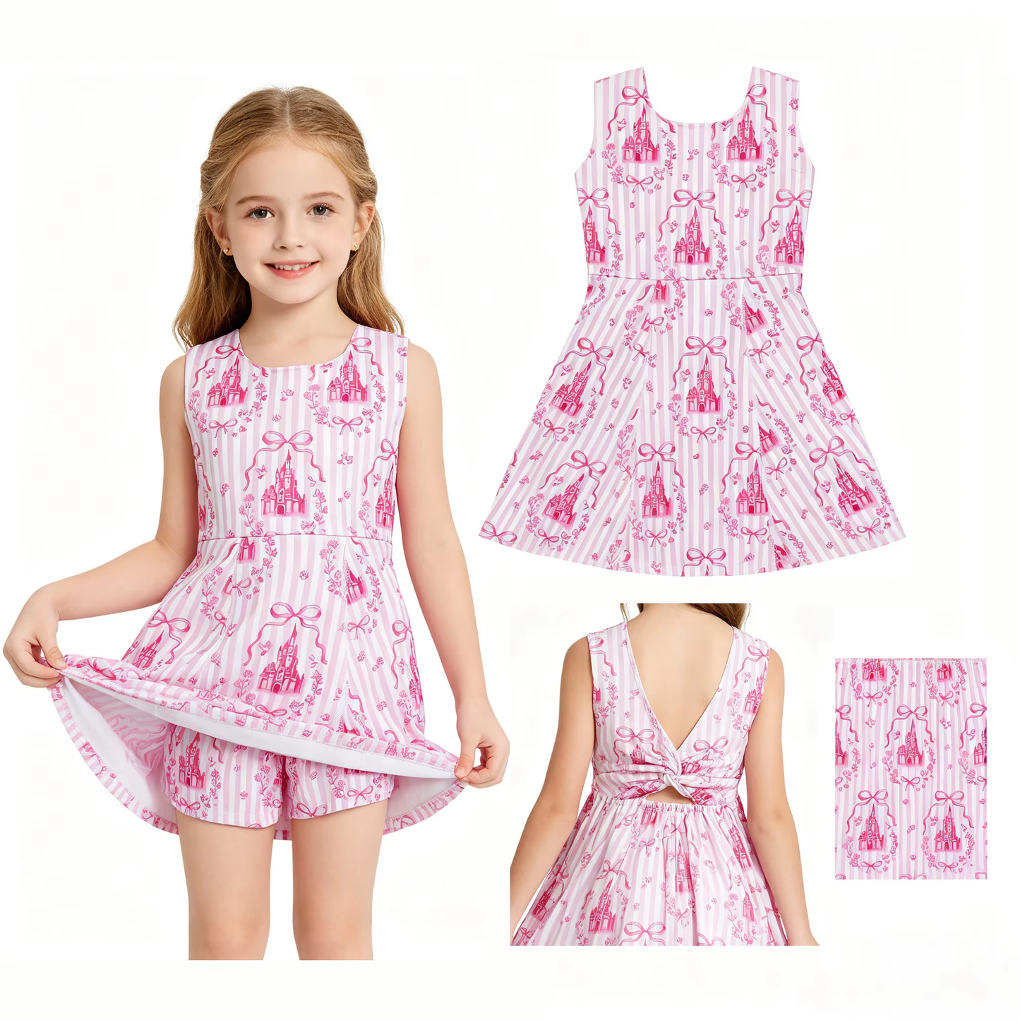 Baby Girls Pink Stripe Bows Castles Yoga Active Short Knee Length Dresses