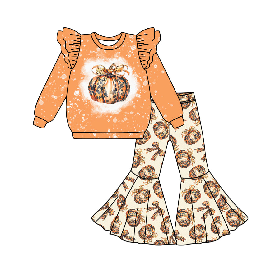 Baby Girls Pumpkin Leopard Shirt Bow Bell Pants Clothes Sets Preorder(moq 5)