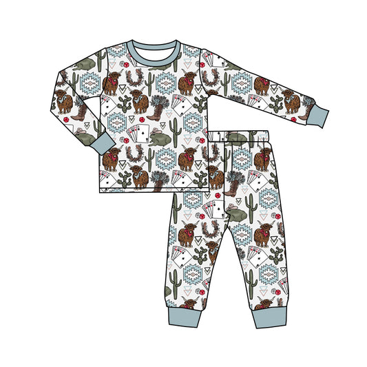 Baby Boys Western Highland Cow Cactus Top Pants Pajamas Clothes Sets preorder(MOQ 5)