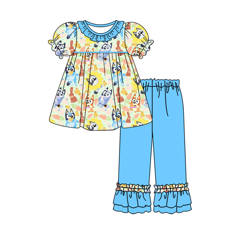 Baby Girls Easter Dogs Top Blue Ruffle Pants Clothes Sets preorder(MOQ 5)