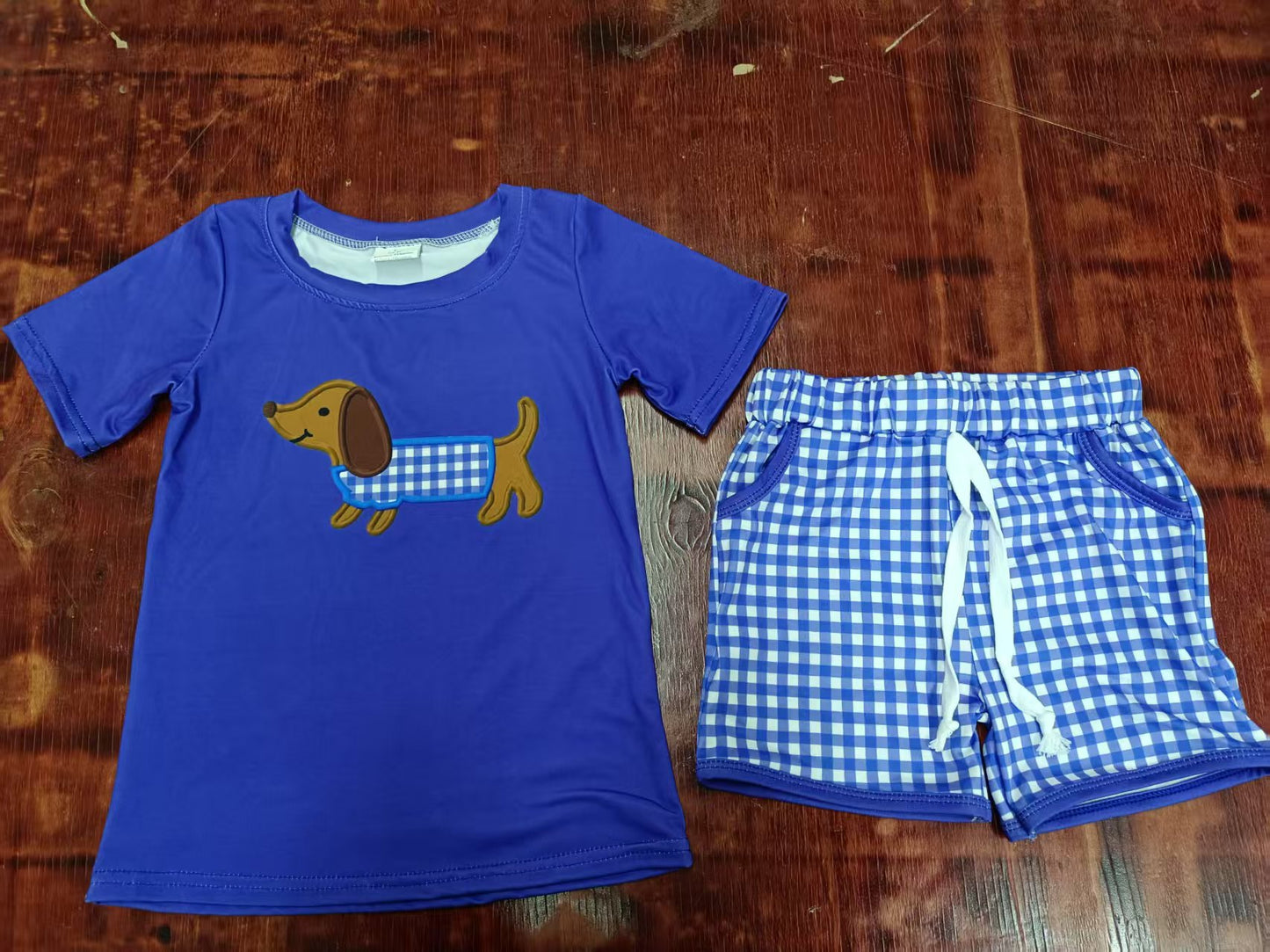 Preorder moq 5 Baby Boys Hot Blue Short Sleeves Dogs Top Plaid Pockets Shorts Set