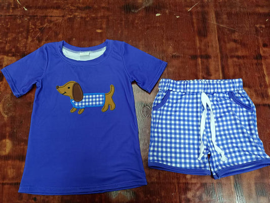 Preorder moq 5 Baby Boys Hot Blue Short Sleeves Dogs Top Plaid Pockets Shorts Set