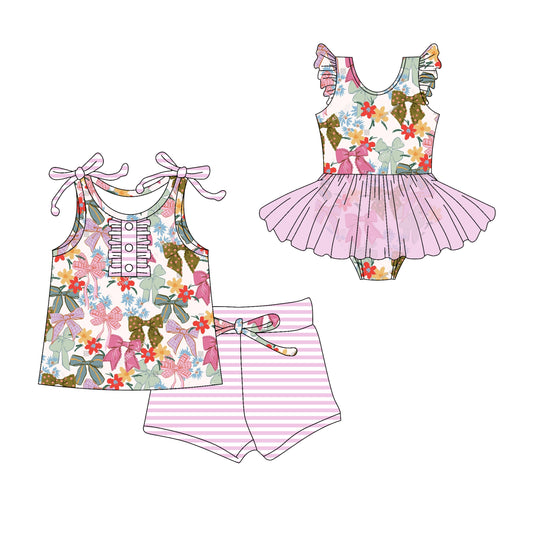 Preorder moq 5 Custom Baby Girls Pink Strap Colorful Flowers Bows Button Top Stripe Short Set Skort Bummise Romper
