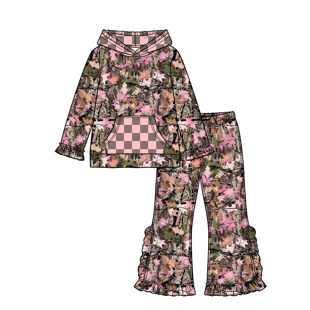 Preorder (moq 5) Girls Pink Camouflage Hooded Top Ruffle Pants Outfits Sets