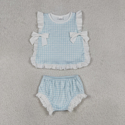 Baby Girls Light Blue Checked Bows Tunic Bummies Clothes Sets