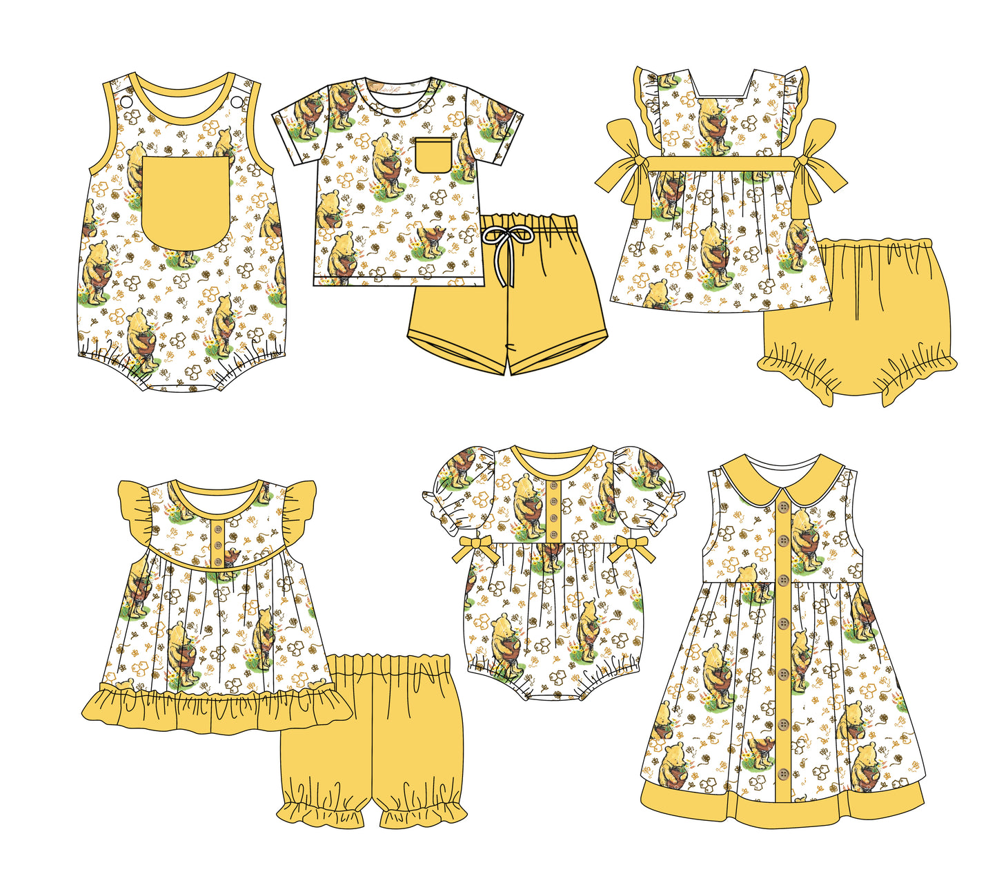 Preorder moq 5 Custom Baby Kids Yellow Pocket Button Bees Bears Top Short Bummies Sets Dresses And Rompers