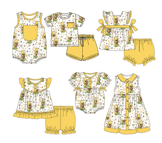 Preorder moq 5 Custom Baby Kids Yellow Pocket Button Bees Bears Top Short Bummies Sets Dresses And Rompers