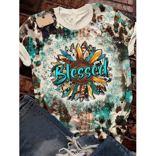 Preorder moq 5 Adult Women Western Blessed Sunflowers Bleached Tee Shirts Tops
