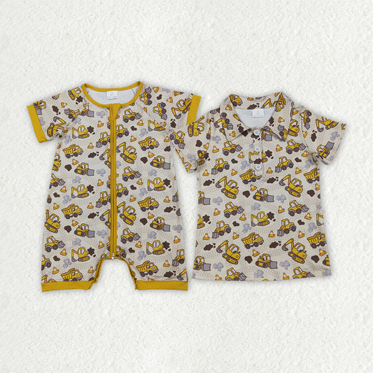 Sibling Baby Boys Excavators Tools Button Polo Shirts Top Zip Rompers